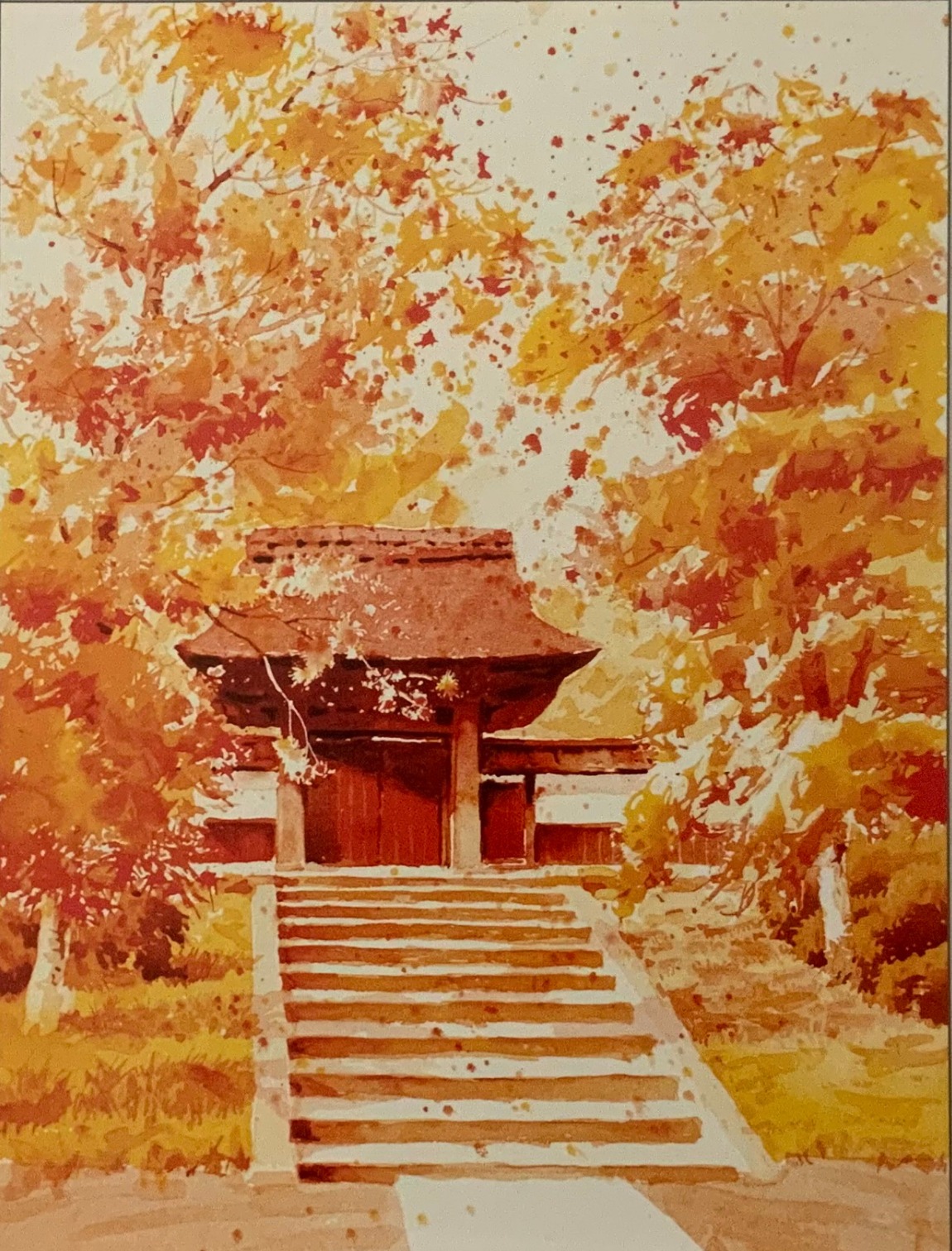 黒川明作『居士林』。紅葉に包まれた寺院と石段を描いた水彩画